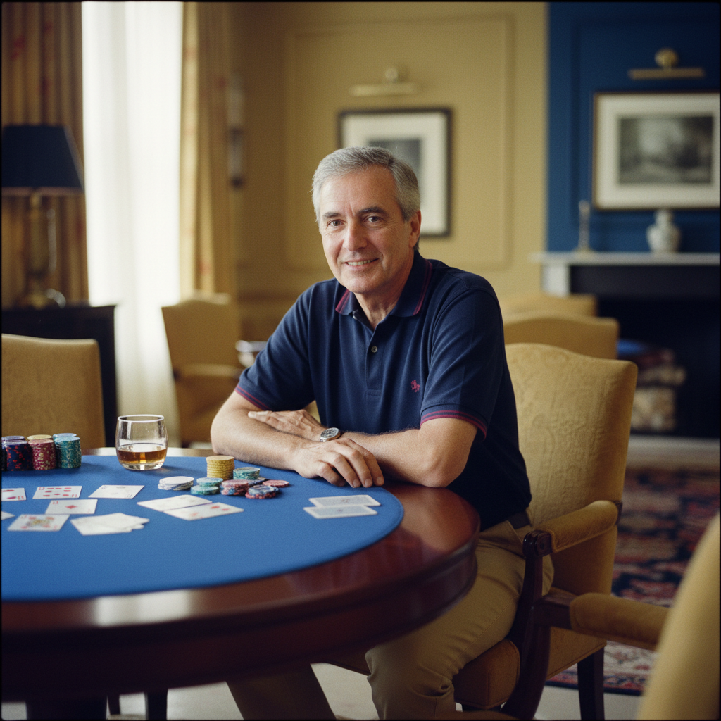 middle aged man sitting in front of a card playing table, in the photographic style that matches the site, use theme colors for consistency