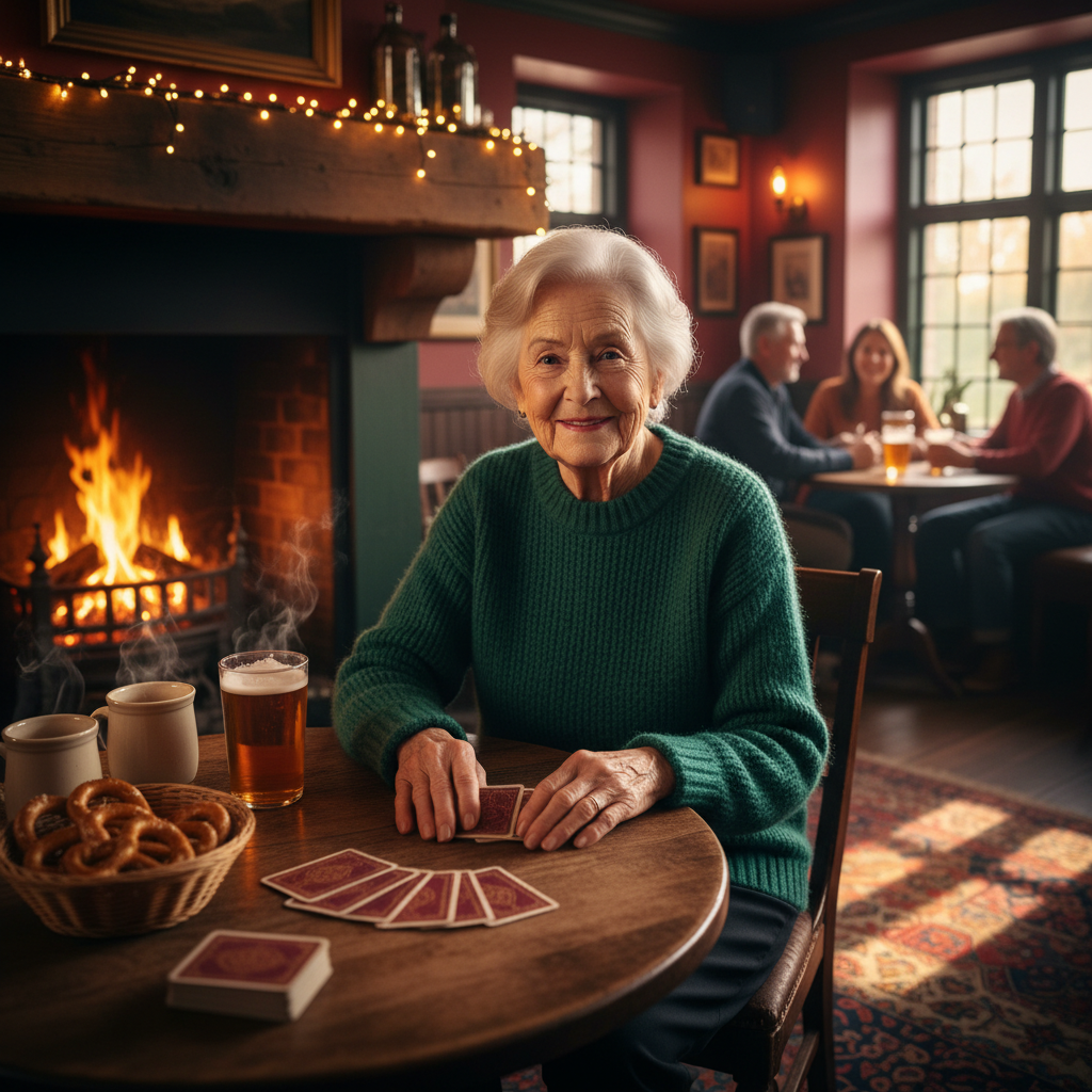 An elderly woman sitting in front of a table in a cozy pub, with playing cards spread out on the table. The scene should feel warm and inviting, with lighting and objects matching the site's color theme. The focus is on her face and the atmosphere of camaraderie.