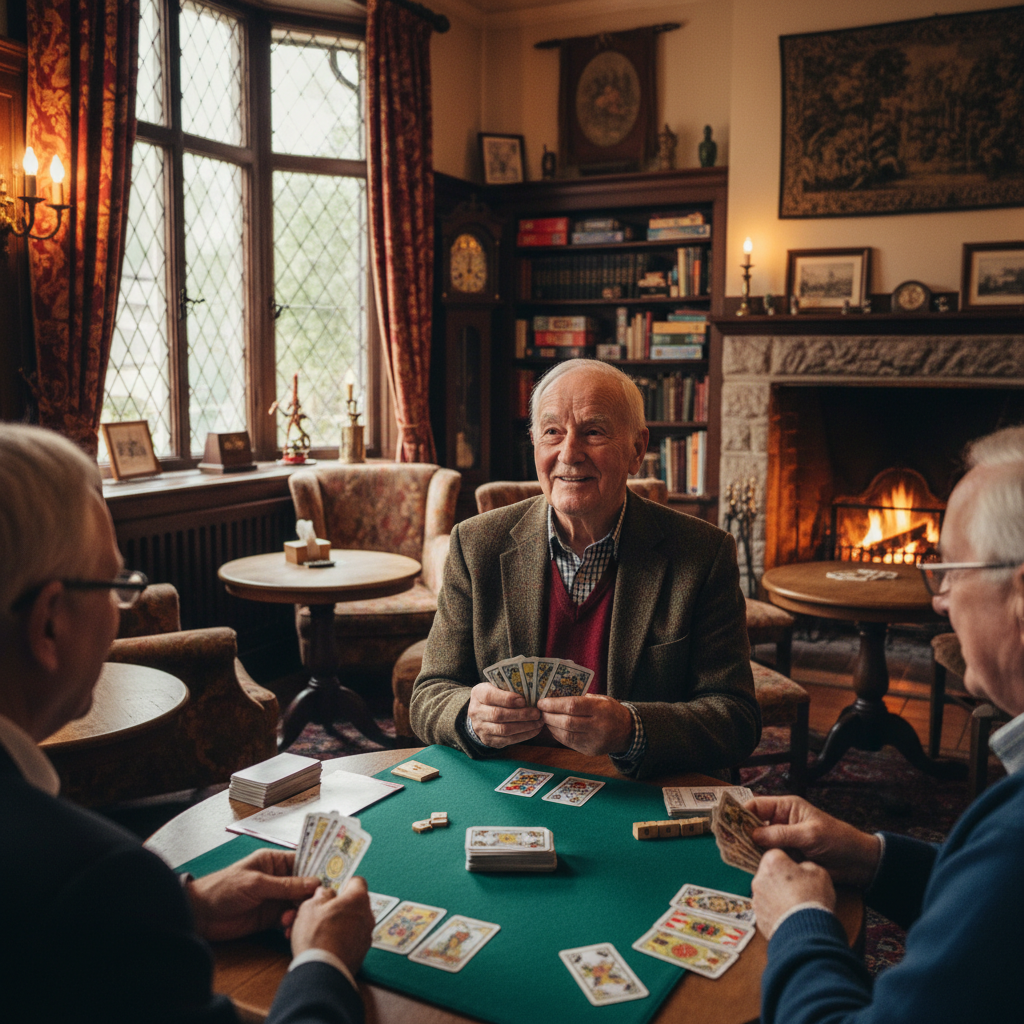 An elderly man sitting in front of a card playing table in a cozy Tarock club atmosphere, matching the site's warm color theme, friendly expression, natural lighting.