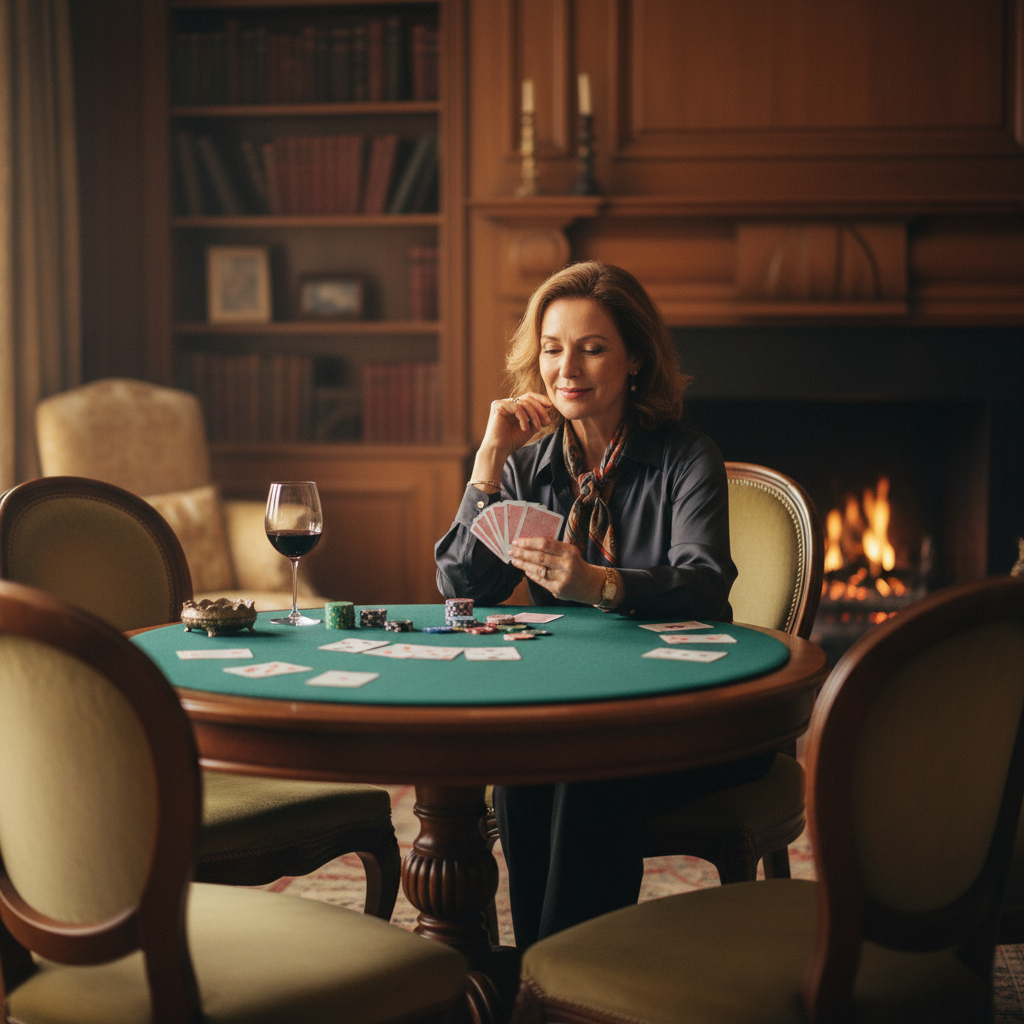 middle aged woman sitting in front of a card playing table