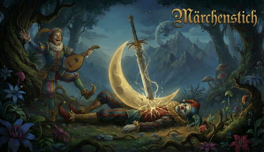 A knight holding a glowing sword stands next to a seated jester in an enchanted forest under a shattered moon.