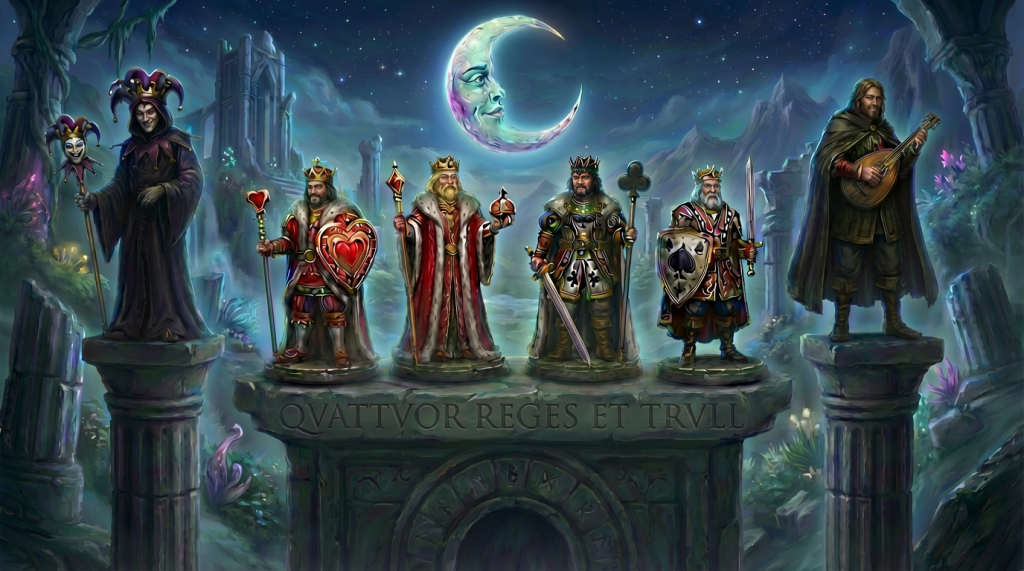 Fantasy illustration of a Joker and a Spielmann beneath four King playing cards, a crescent moon, and a circle of glowing runes.