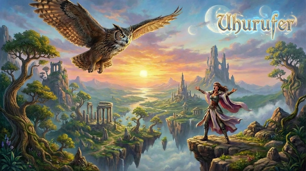 Digital art of a fantasy realm with floating islands, giant mushrooms, dragons, an owl, and a woman standing on a cliff edge.
