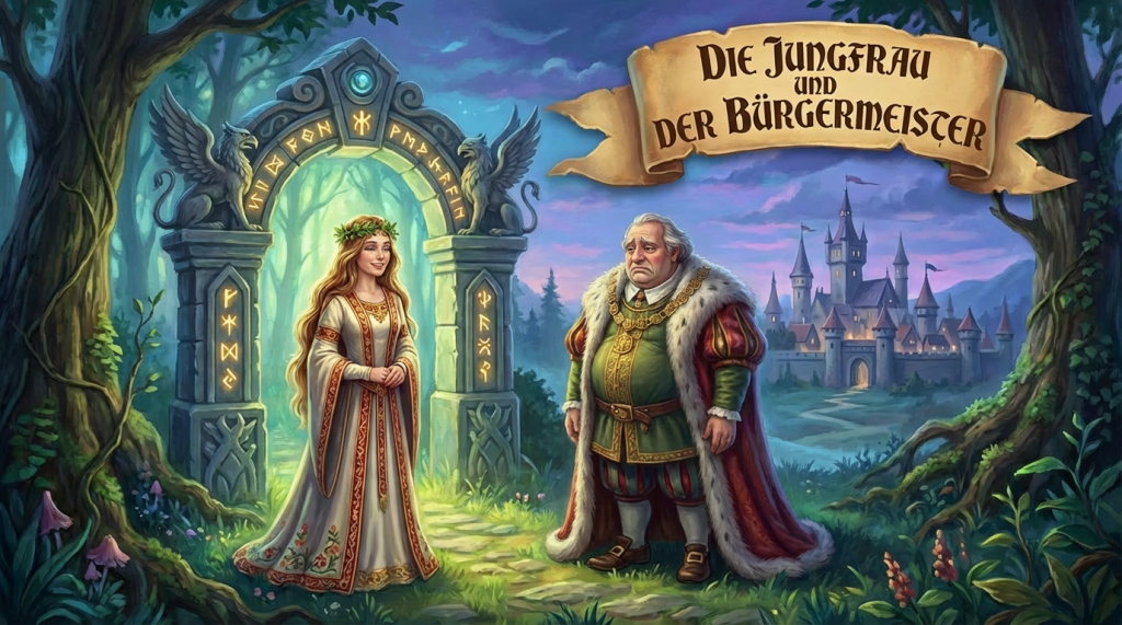 Fantasy illustration of a maiden, a mayor, and a castle. Text: DIE JUNGFRAU UND DER BÜRGERMEISTER.