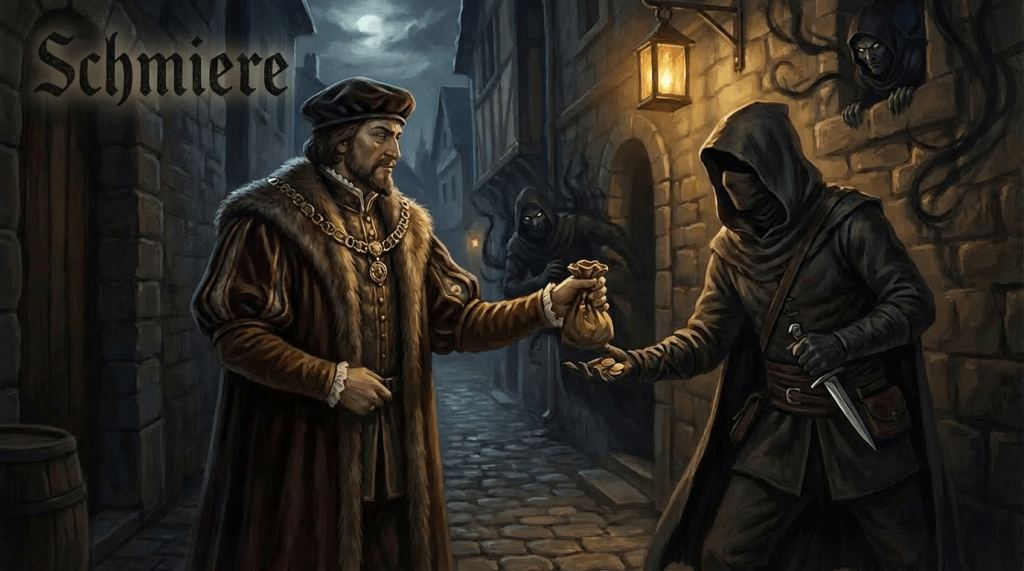 A nobleman hands a gold pouch to a hooded figure in a dark medieval alley.