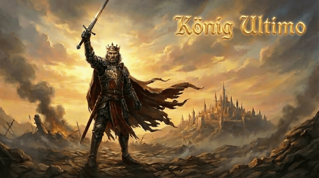 A kneeling king in armor faces a winged celestial warrior. Text: Das Ende der Ära.