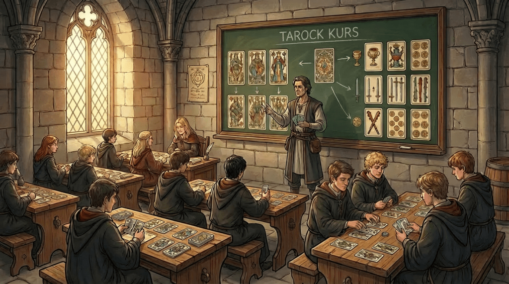 Students in a fantasy classroom taking notes during a lecture titled TAROCK KURS 2026.