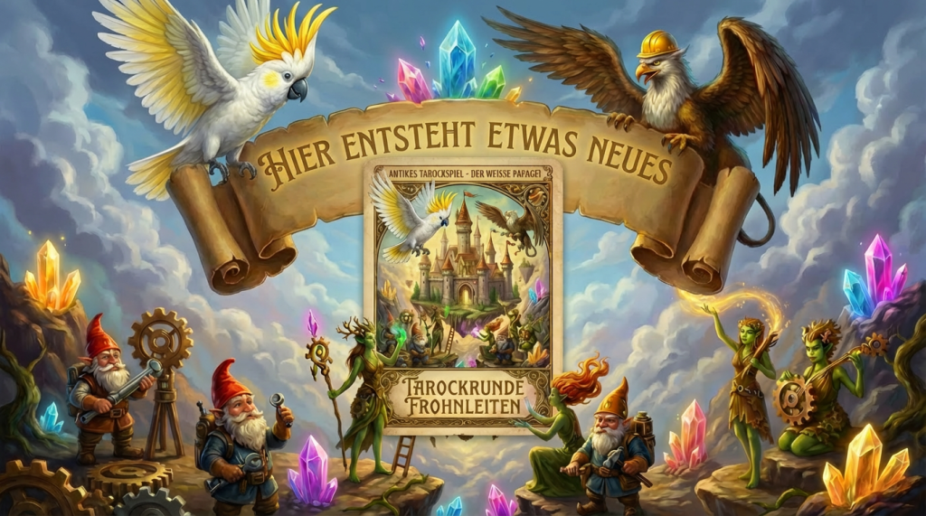 WEBSITE UNDER CONSTRUCTION - OUR WIZARDS ARE WEAVING A NEW REALM. Fantasy creatures building a castle.