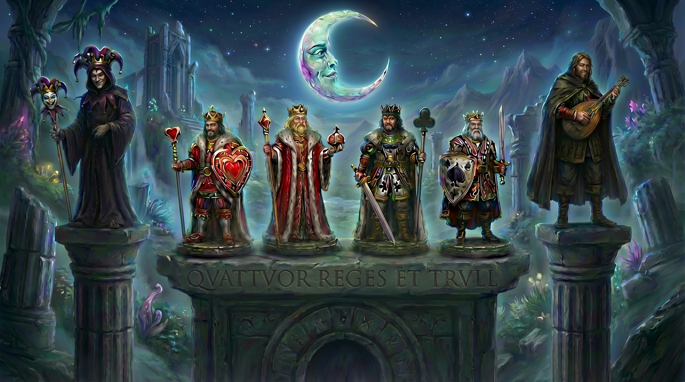 Fantasy illustration of a Joker and a Spielmann beneath four King playing cards, a crescent moon, and a circle of glowing runes.