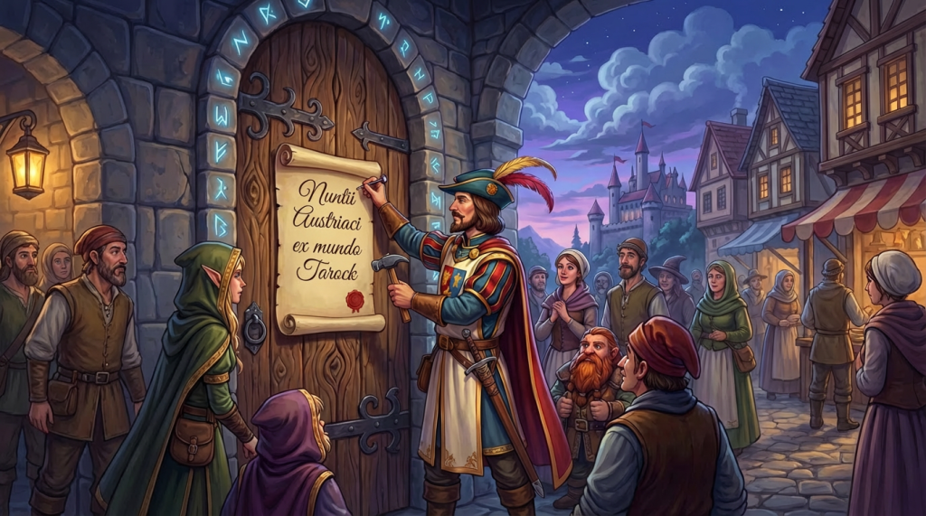 A herald nails a scroll saying ROYAL DECREE: DRAGON SIGHTING to a rune-inscribed door.