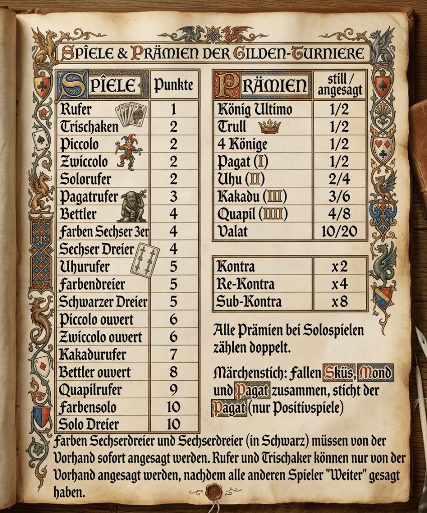 Medieval manuscript showing card game names, points, and prize values with decorative borders and illustrations